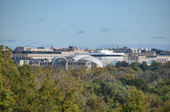 Washington, DC, USA - October 27, 2021: U.S. Institute of Peace as Seen from a Hill in Arlington Ridge Park on a Clear Fall Afternoon