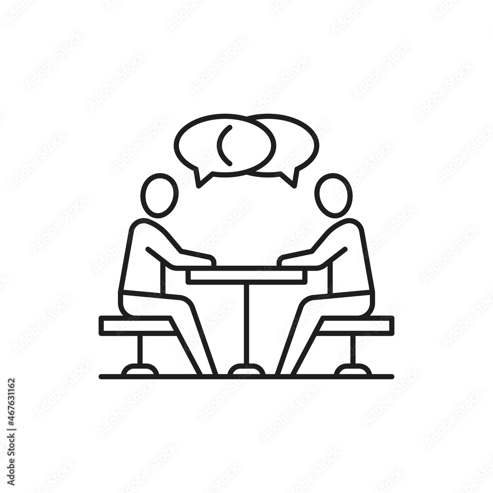 Aufkleber team business meeting, people sitting at table and communicate isolated thin line icon. vector busy 