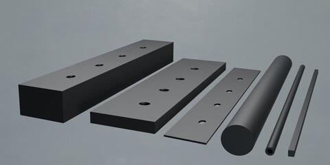 3d rendering Rubber Bumper, Rod,Tube,Sheet,industrial materials, machinery spare parts, engineering,Seal silicone.Illustrations for teaching aids, product catalogs, books.Side view.website.