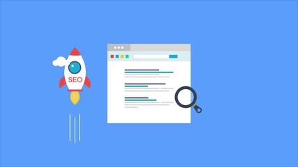 SEO, search engine optimization, boost seo ranking, search result, digital marketing, start-up marketing with rocket speed concept. Online business strategy, information technology. 2d animation.