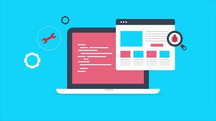 Debugging development programming process, information technology software code management, website application bug fixing concept, web protection, testing quality, 2d animation 4k video clip.