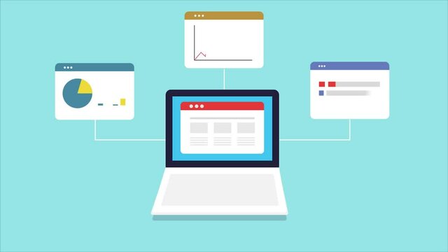 Business analytics, financial data report, web traffic analysis information on web dashboard with graph, chart. Data monitoring software application technology 2d animation 4k video clip.