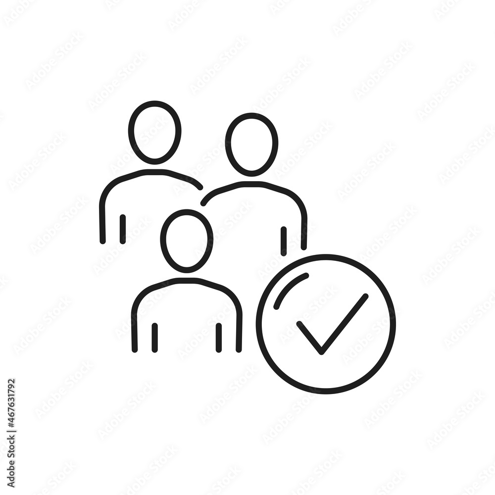 Aufkleber Group of people with check mark isolated thin line icon. Vector employee approval and joint decision, businessman conversation, people exchanging information, coworkers communicating, partnership