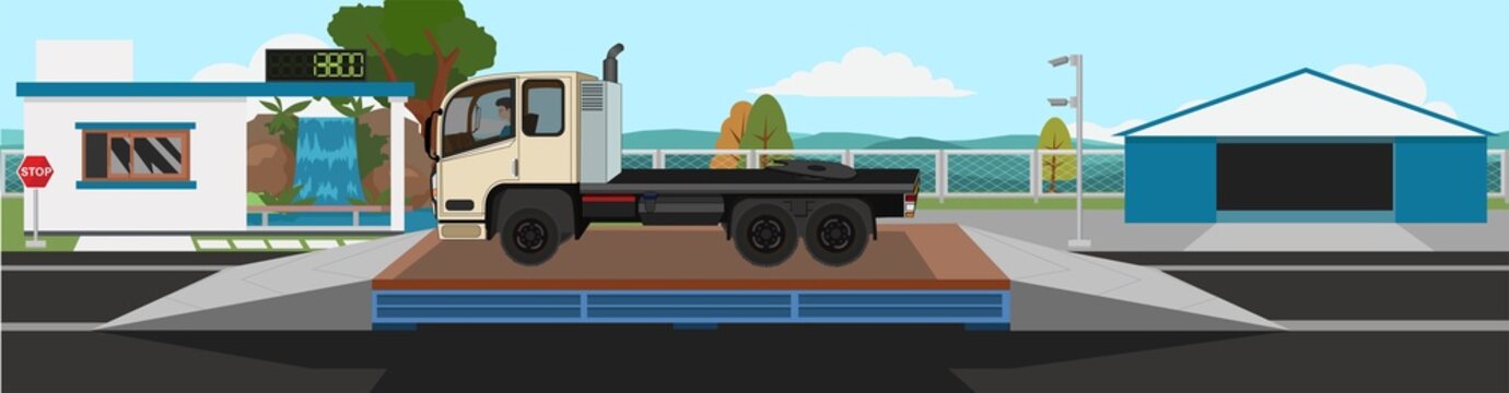 Large trucks empty car no have carrying cargo.  on the weighing scale. Control station and building on the black. with steel wall and green meadow and mountains for background. under the blue sky.