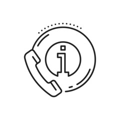 Chat info, fax, help, support center on phone sign isolated thin line icon. Vector retro receiver with chat info information bubble. Helpdesk sign, travel consulting and instructions symbol