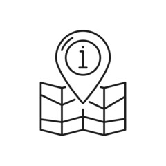 Information map pointer travel guide isolated thin line icon. Vector gps location pin, destination arrow, navigation board, position on road. Meeting point, advice to visit place of interest