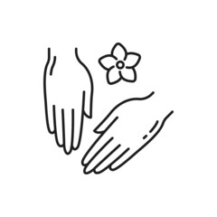 Hand care cosmetics and flower isolated outline icon. Vector skincare products, female hands, freshness and hygiene, arms and fingers massage. Caucasian and asian woman palms, herbal medicine