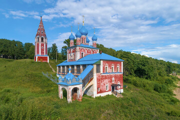 The old church of the Kazan Icon of the Mother of God on a sunny July day (shot from a quadcopter). Tutaev, Russia