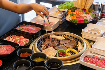 Grilled beef buffet food in the restaurant