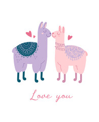 Cute vector illustration for valentines day. Animalistic concept Couple of lovers. Hearts, llamas, lettering. Love you. For postcards, posters, printing on clothes. In a flat style