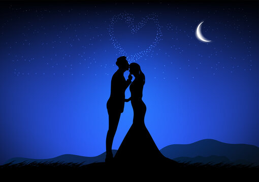 silhouette image A couple man and women with Moon in the sky at night time design vector illustration