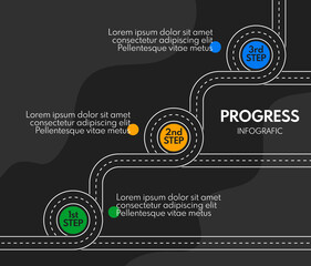steps or milestones with roar line, progress or timeline infographics vector template