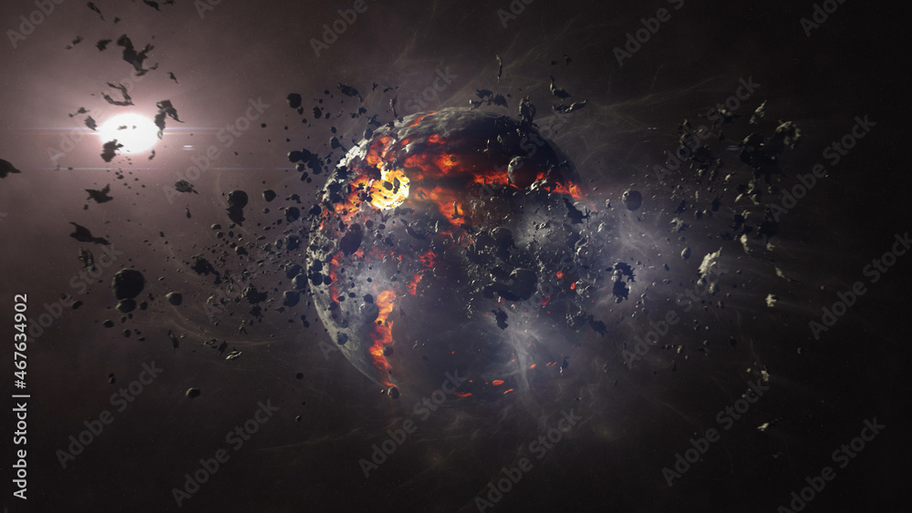Canvas Prints dead planet with hot lava magma and asteroids cinematic view of destroyed death star after meteor as