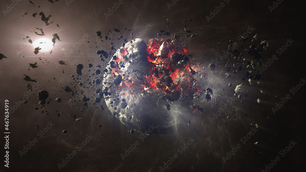 Sticker dead planet with hot lava magma and asteroids cinematic view of destroyed death star after meteor as