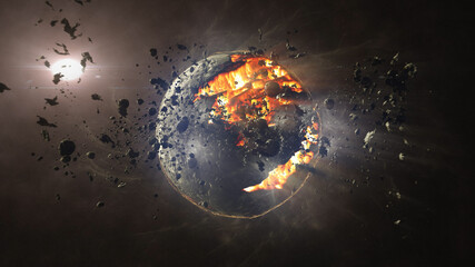 Dead planet with hot lava magma and asteroids
Cinematic view of destroyed death star after meteor asteroids impact
 - obrazy, fototapety, plakaty