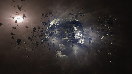 Fototapeta premium Destroyed Hollow planet in deep space with asteroids and sun flares Cinematic view of destroyed death star after meteor asteroids impact 