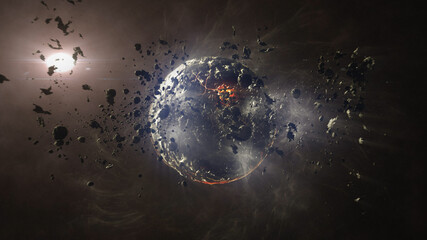 Obraz na płótnie Canvas Dead planet with hot lava magma and asteroids Cinematic view of destroyed death star after meteor asteroids impact 