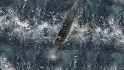 Navy ship vessel in stormy ocean Aerial top down view Aerial view of naval ship, battle ship, warship, Military ship resilient and armed with weapon systems  © ImageBank4U