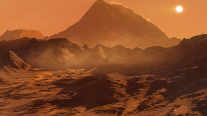 Planet Mars with mountains and sand storms aerial view
Aerial fly over martian red planet landscape, space exploration concept
