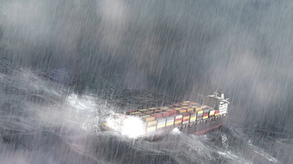 Large Cargo Ship with containers in stormy ocean,aerial Sailing ship swinging on stormy sea waves, Rough ocean with rain and thunderstorm  © ImageBank4U