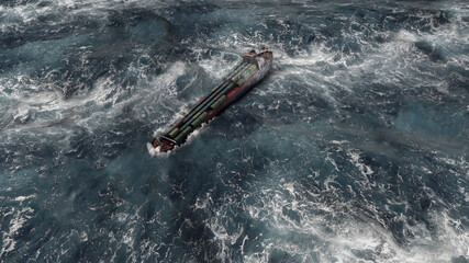 Cargo Ship with containers in stormy ocean,aerial view
Sailing cargo ship swinging on stormy sea waves, Rough ocean high altitude 
 - obrazy, fototapety, plakaty