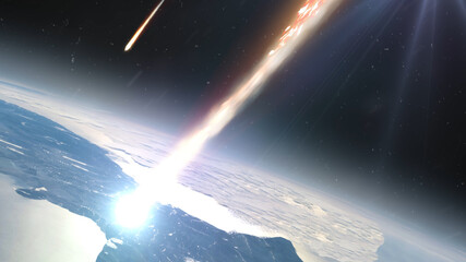 Asteroids meteors burning in earth atmosphere Cinematic outer space view of fast blazing meteors burning,  © ImageBank4U