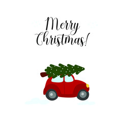 Christmas Tree on top of Retro red Car hurrying to the holiday. Christmas Greeting card Vector Illustration.
