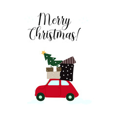 Christmas Card with Red Retro Car and Christmas Tree Vector Illustration.