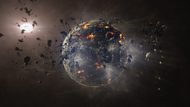 Dead planet with hot lava magma and asteroids
Cinematic view of destroyed death star after meteor asteroids impact
