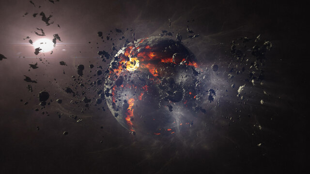Dead planet with hot lava magma and asteroids
Cinematic view of destroyed death star after meteor asteroids impact
