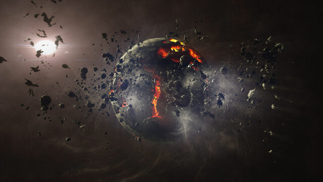 Dead planet with hot lava magma and asteroids
Cinematic view of destroyed death star after meteor asteroids impact
