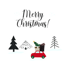 Christmas card with Christmas tree and Red Retro car isolated on white. Vector Illustration.