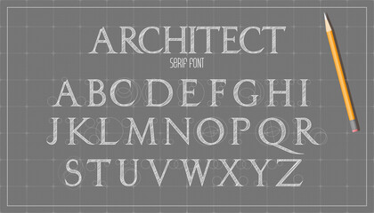 Blueprint architecture font. Capital serif letters alphabet. Sketch vector plan design background.