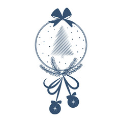 Christmas ball ornament  with Christmas tree simple design. Hand drawn Christmas bauble. Decoration isolated elements. Doodles and sketches vector illustration.