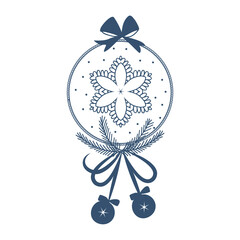 Blue Christmas Ball with snowflakes. Christmas ball ornament simple design. Hand drawn Christmas bauble. Decoration isolated elements. Doodles and sketches vector illustration.