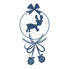 Christmas ball ornament with deer silhouette simple design. Hand drawn Christmas bauble. Decoration isolated elements. Doodles and sketches vector illustration