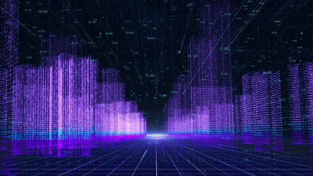 Holographic particle wireframe technology urban high-rise buildings