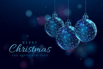 Wireframe Christmas balls, low poly style. Merry Christmas and New Year banner. Abstract modern 3d vector illustration on blue background.