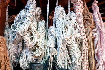 Ropes for sale hanging at the exterior of a local hardware store