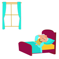 Lonely an old man cartoon has white bald head lying on the bed put your hand over your forehead in bedroom on white background .Vector isolate flat design concept for aging society or nursing home.