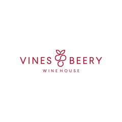 grape berry wine logo with mono line one line design vector template