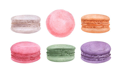 Watercolor illustration set of macarons on white background.
