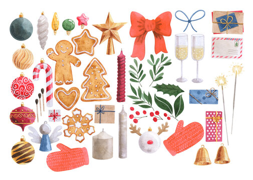 Set of handmade watercolor Christmas elements. Gingerbread cookies, decorations and other illustrations isolated on white background.