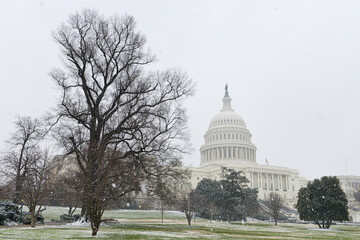 United States Capitol in blizzard - Washington DC in winter time.