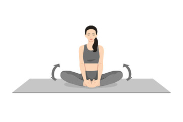 Seated Butterfly Pose, Beautiful girl practice Baddha Upavistha Titli Asana. Young attractive woman practicing yoga exercise. working out, black wearing sportswear, grey pants and top, calmness relax