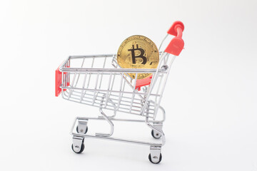 BTC Bitcoin coin in shopping cart