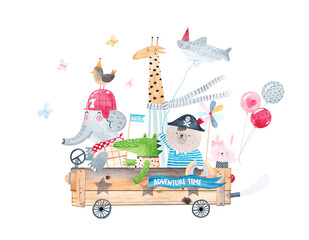Wooden car with cute animals. Watercolor illustration. Kids decor.