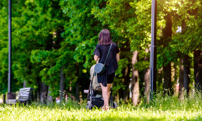 Mother wheeling a pram in the Park
