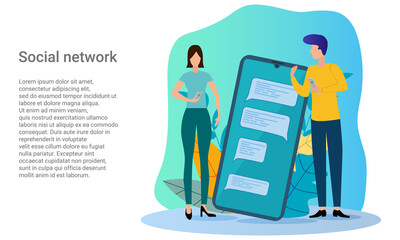 Social network.People on the background of a large smartphone use messengers and social networks.A business-style poster.Vector illustration.