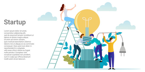 Startup.People with an electric lamp in their hands as a symbol of the development of new projects and brainstorming.A business-style poster.Vector illustration.